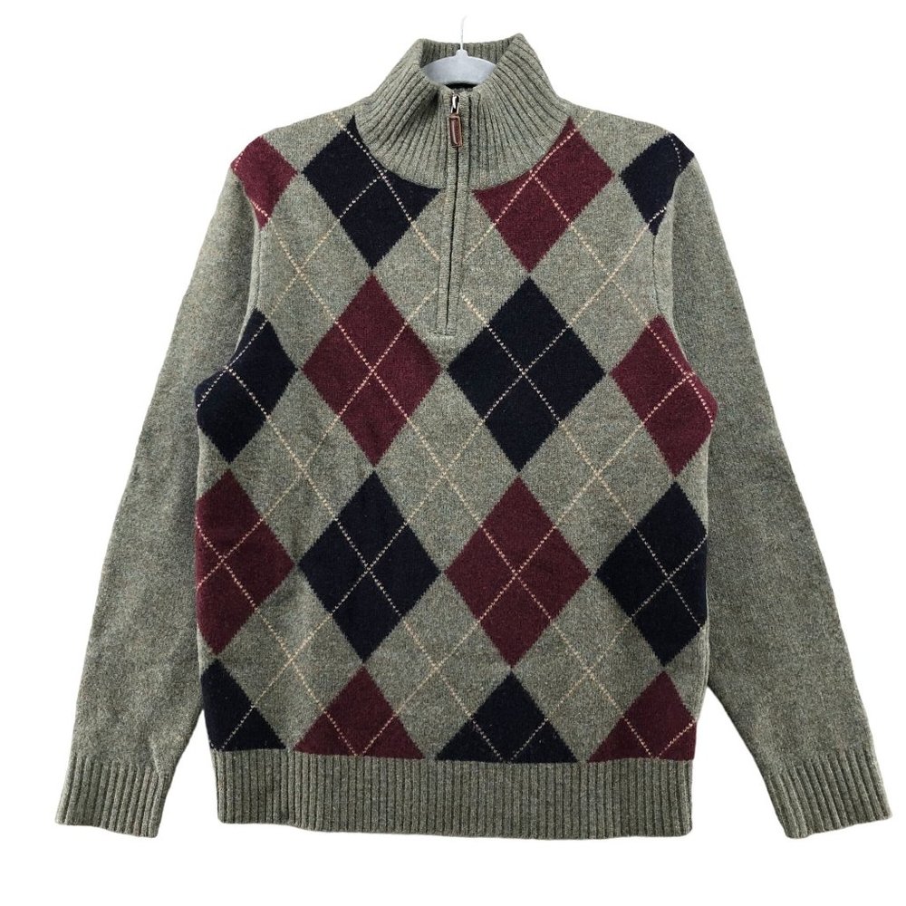 J. Crew Wool Argyle 1/4 Zip Sweater Mens Small S Olive Burgundy Academia Preppy